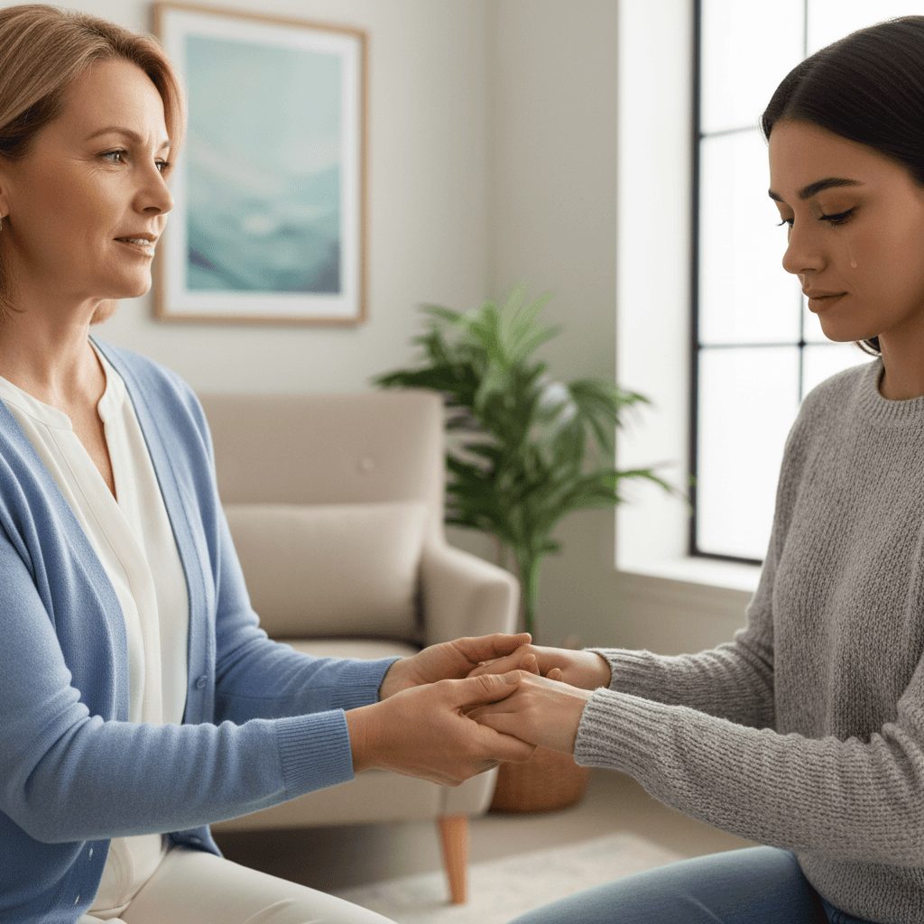 Reiki practitioner offering support to a patient in a clinical setting