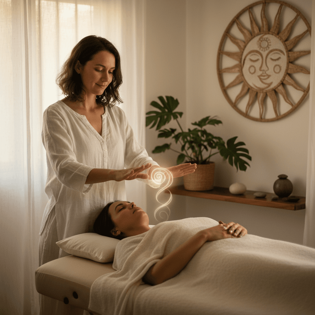 Reiki practitioner placing hands near a client on a massage table
