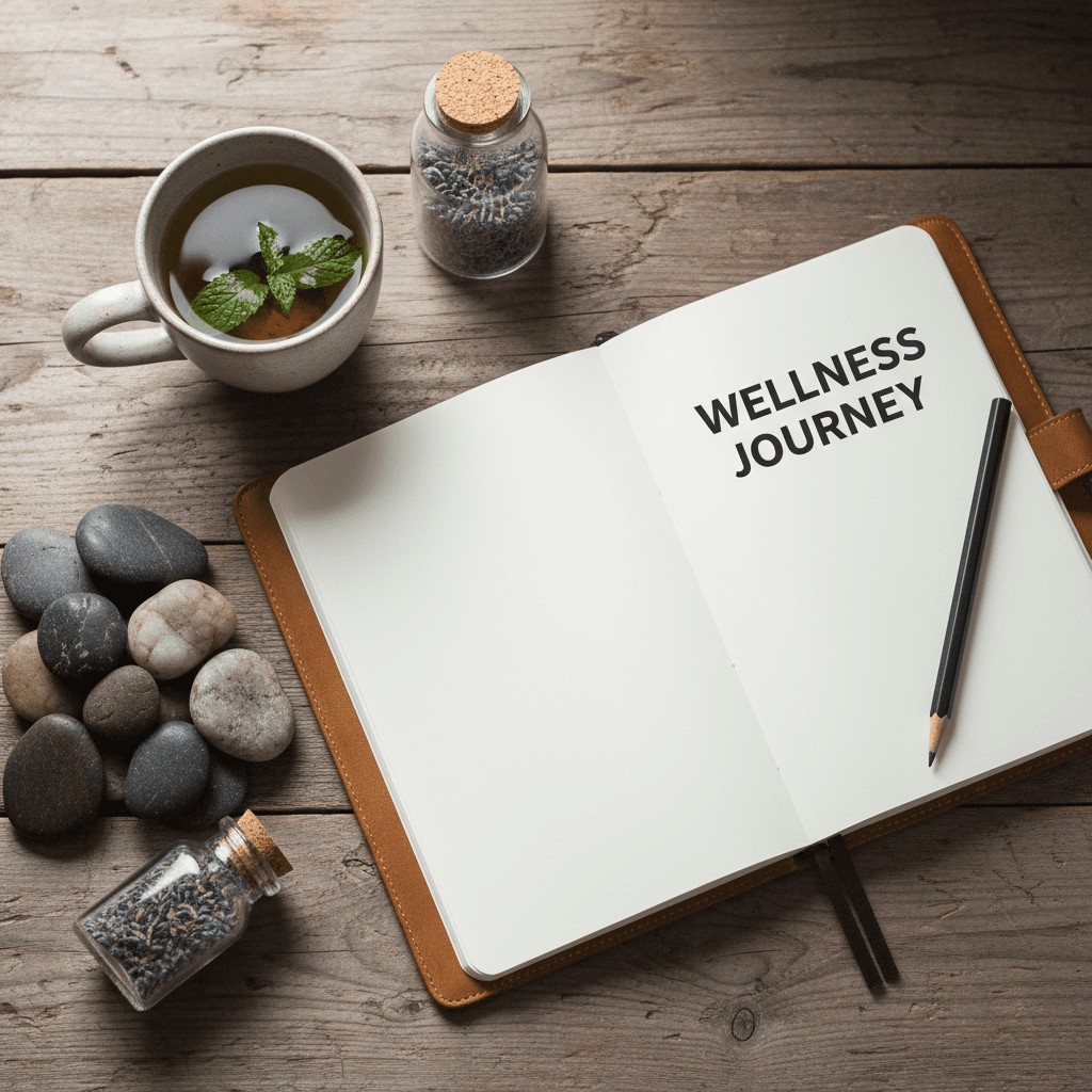 Wellness plan with a journal and pencil on a wooden table
