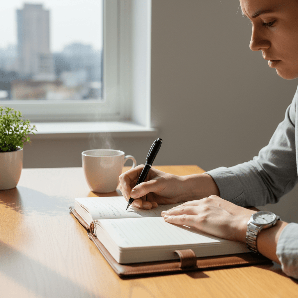 Person writing in a journal with a pen at a bright table