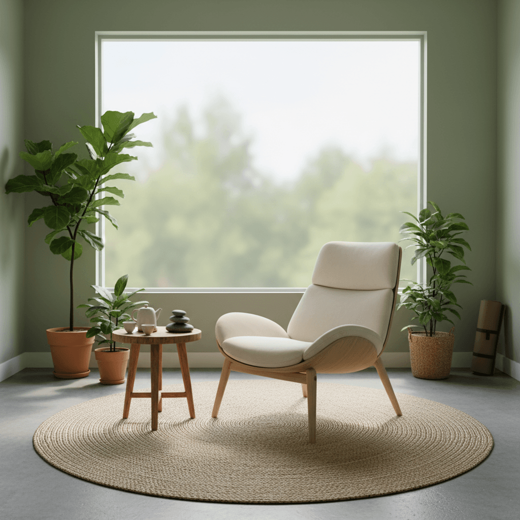 Quiet wellness studio room with a chair and natural light