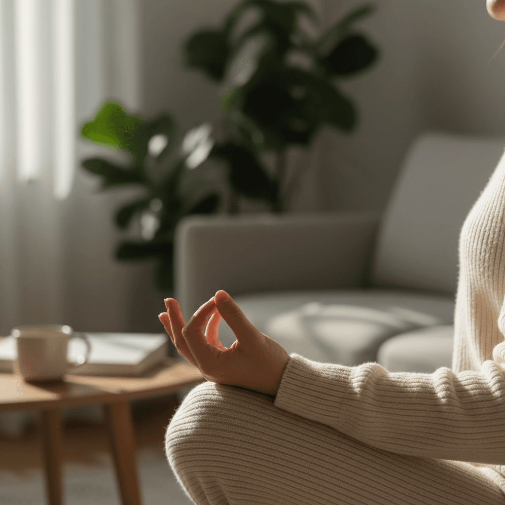 Calm hands resting on a table in a peaceful sunlit room