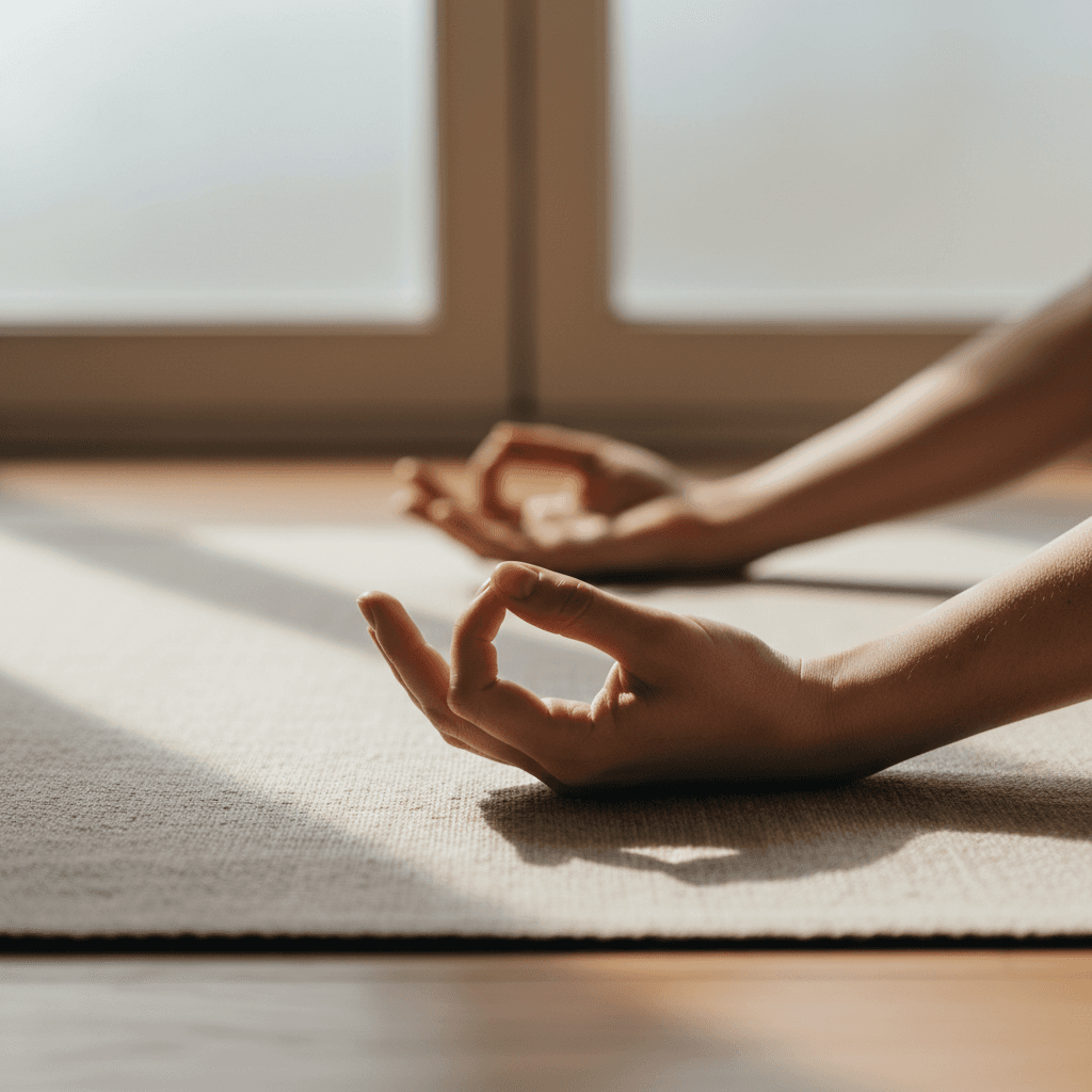 Hands holding a mandala and spiral artwork in a calm studio with soft natural light