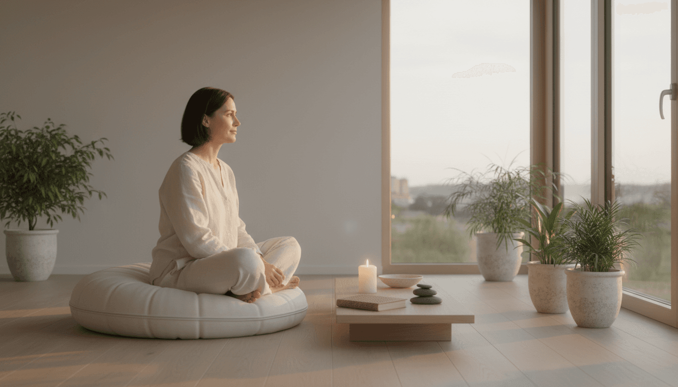 Dr. Elizabeth Sunny Cohen seated in a calm meditation pose in a bright studio