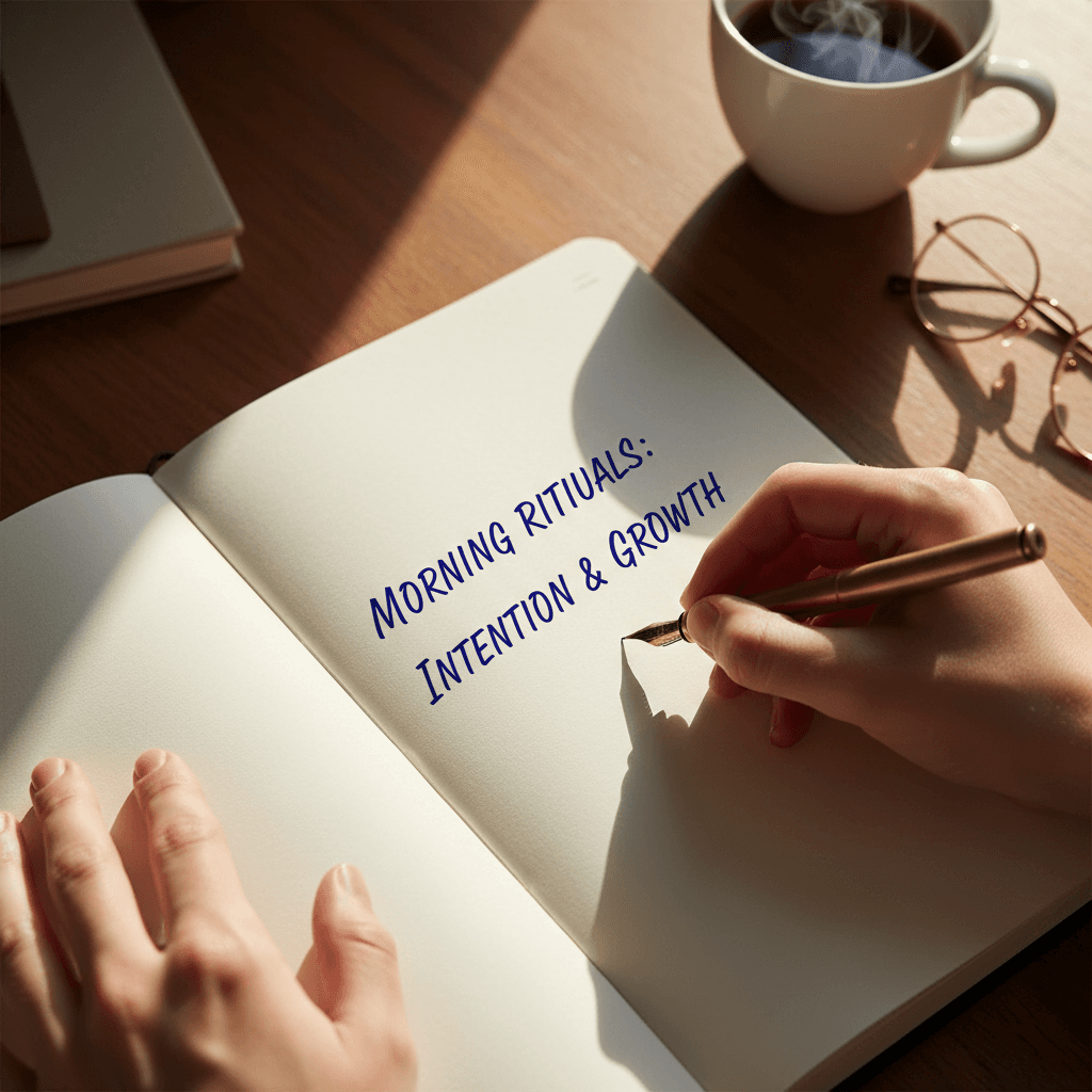 Person writing in a journal at a wooden desk in natural light