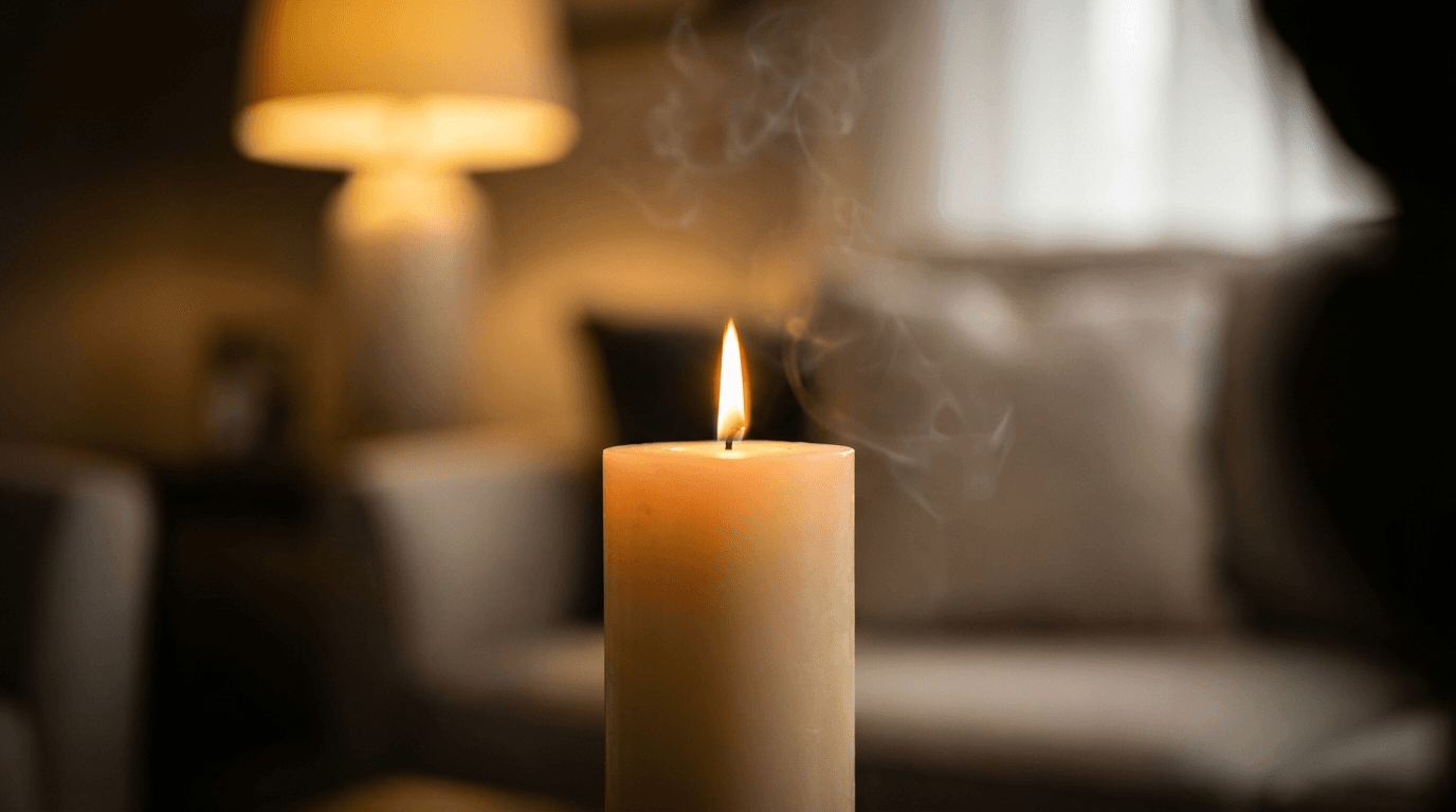 Cozy home setting with a blanket and candle for a distance Reiki session
