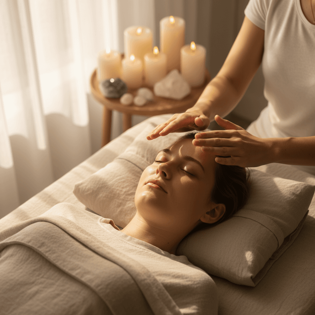 Close up of hands gently hovering over a patient's head during a reiki session
