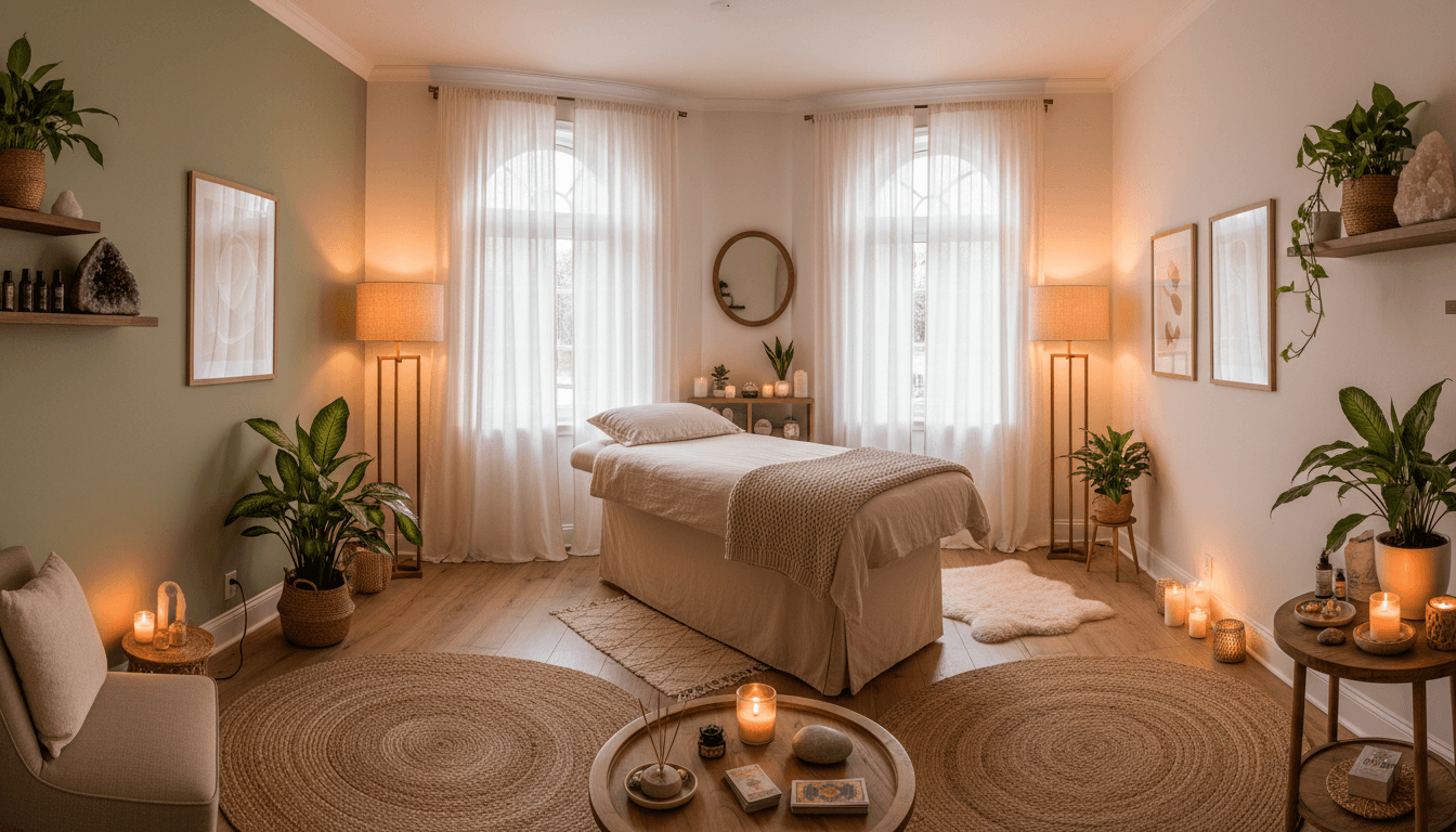 Peaceful therapy room with soft natural light, plants, and comfortable seating