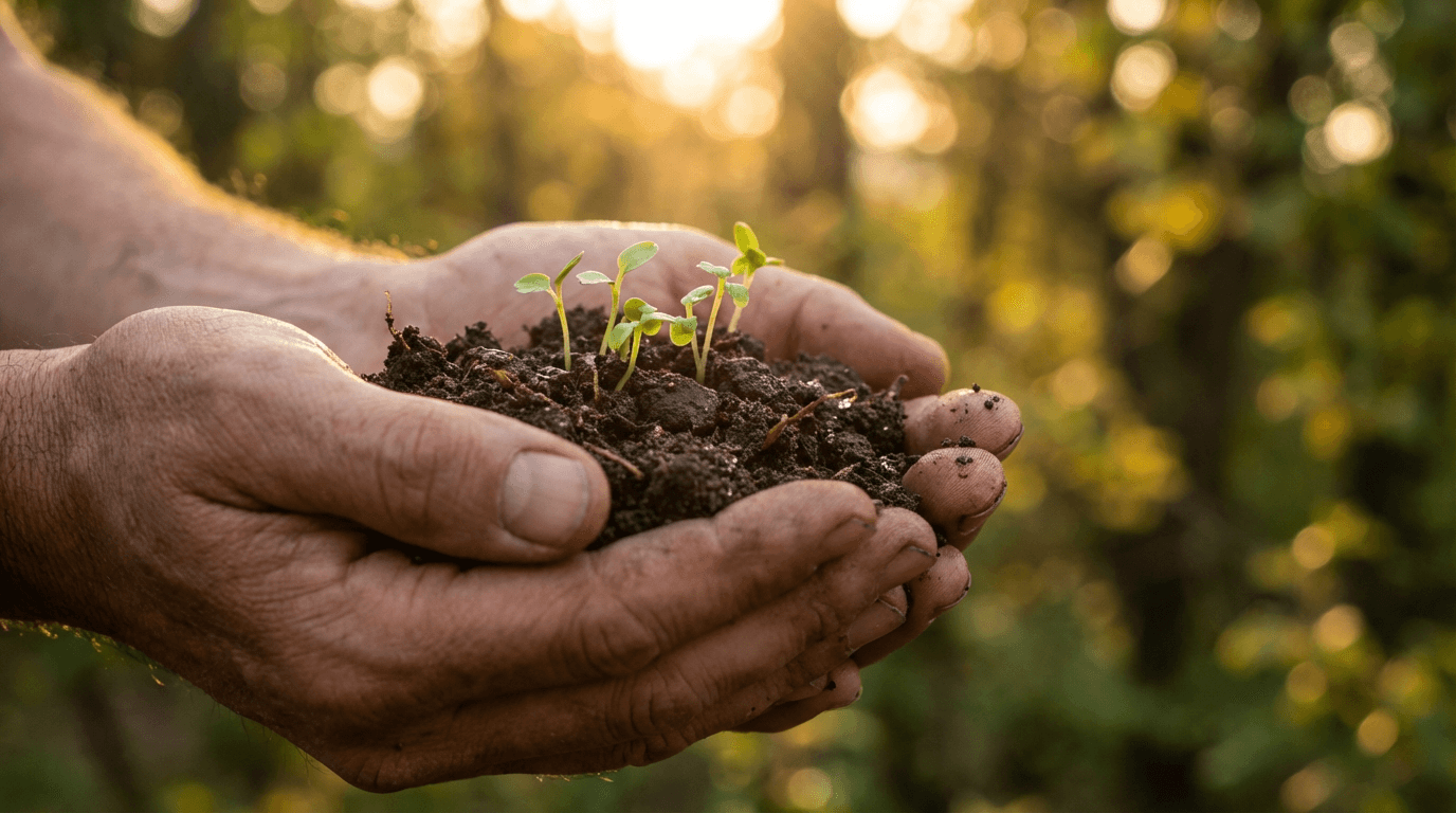 Hands gently holding a green plant in soft natural light