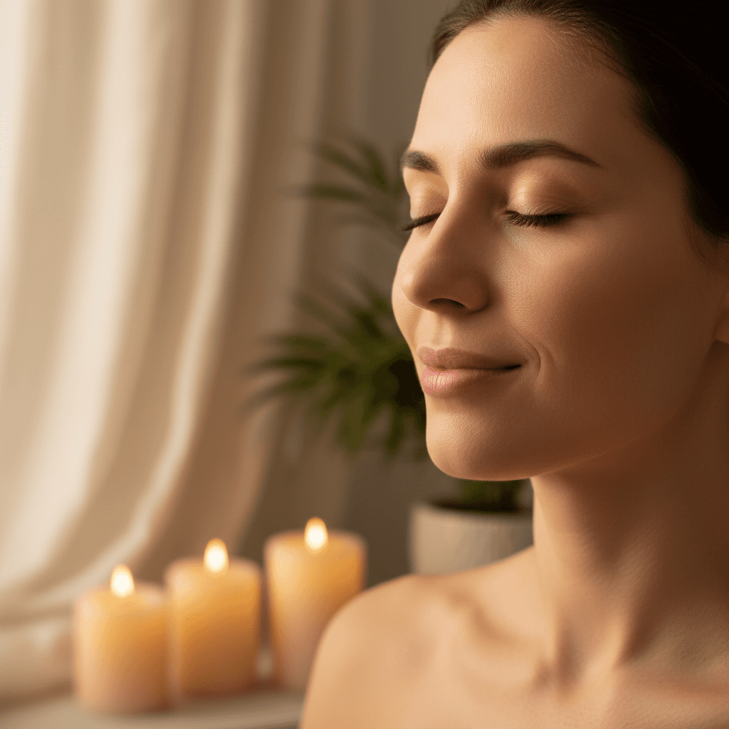 Client in peaceful meditative state with serene expression, visibly relaxed during spiritual healing session