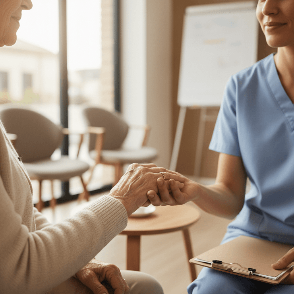 Supportive hand on a patient's arm in a hospital room