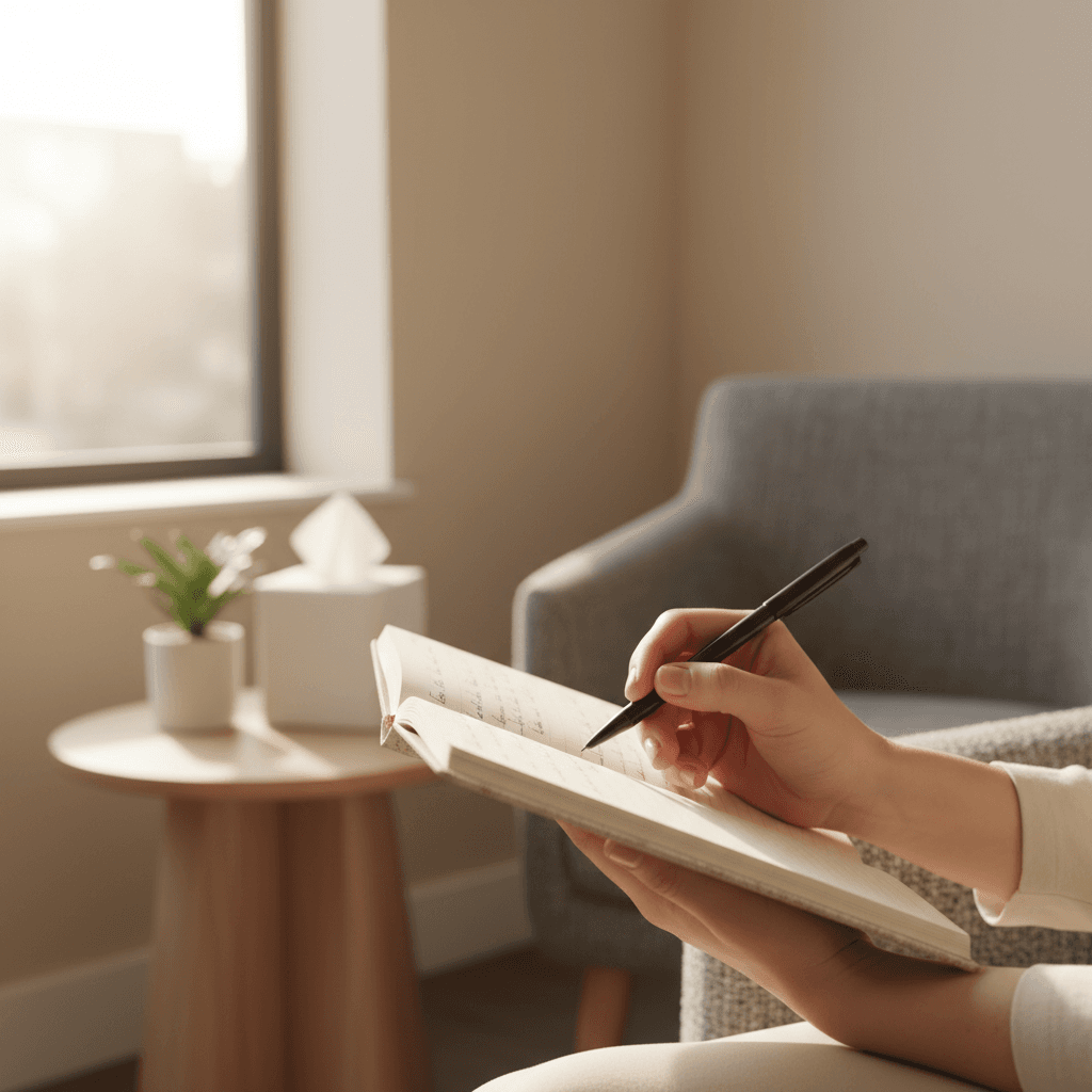 Therapist guiding a patient in therapeutic writing with a notebook