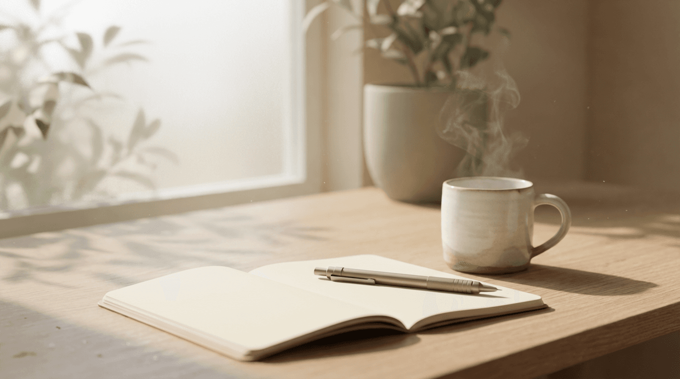 Notebook, pencil, and candle on a wooden table in a calm setting