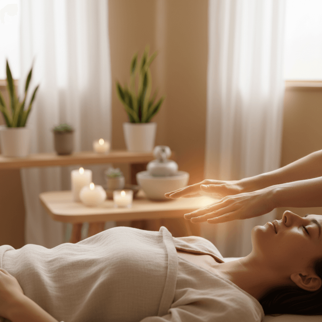 Relaxed patient receiving gentle Reiki in a peaceful healthcare setting