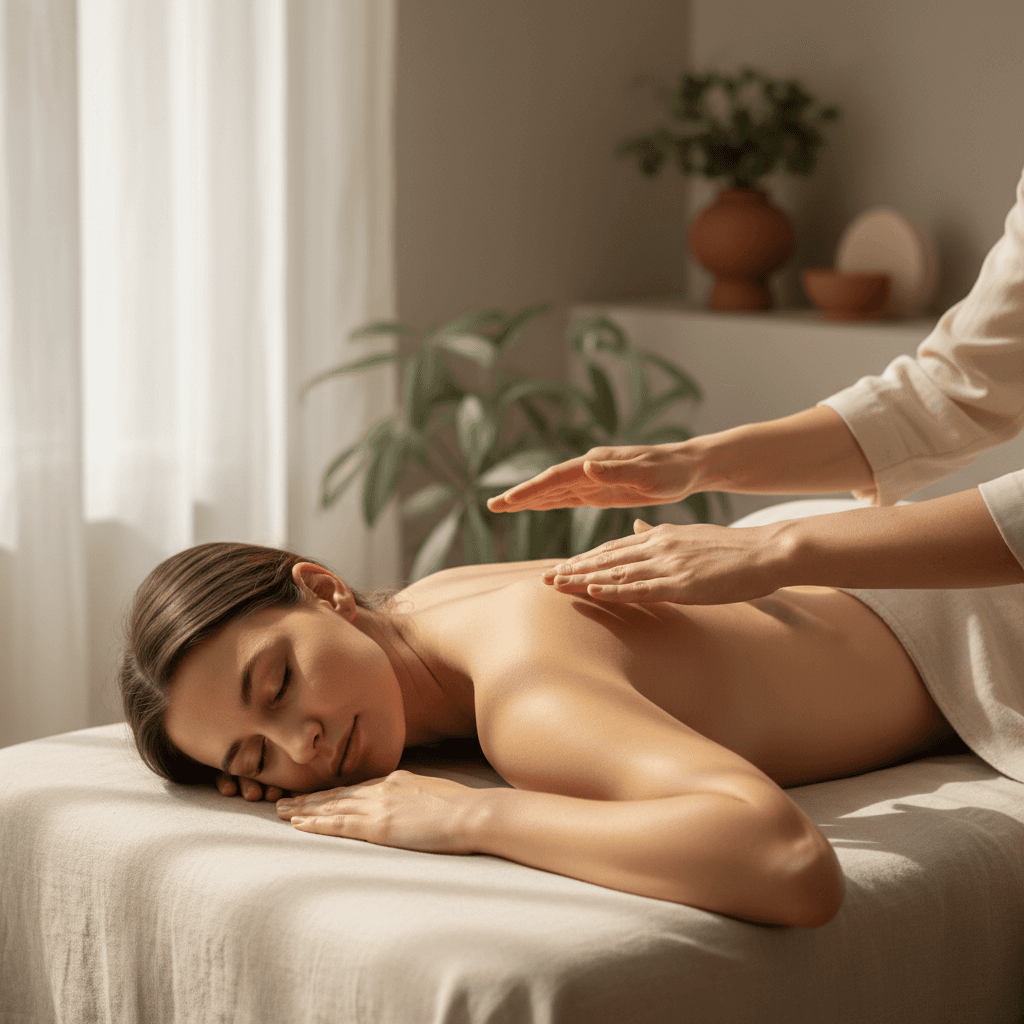 Certified Medical Reiki Master placing hands near a patient in a calm treatment room