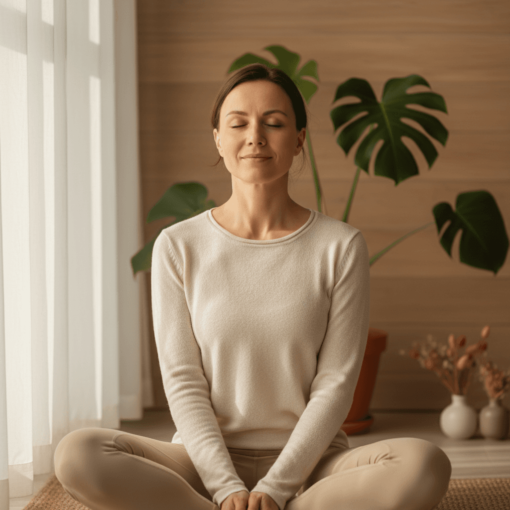 Woman in peaceful meditation pose in bright modern healthcare setting