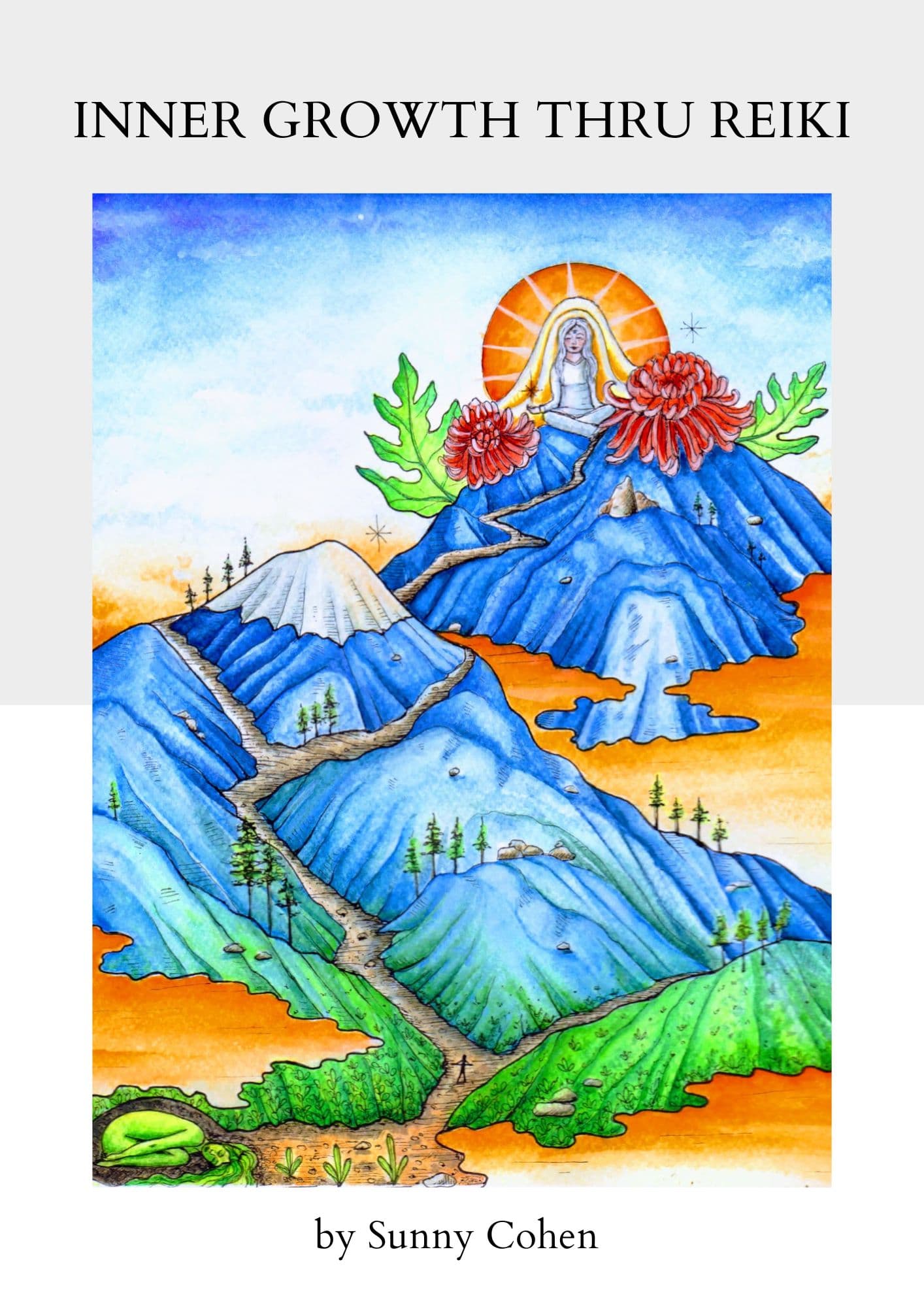 Winding path up blue mountains to a meditating woman, titled Inner Growth Thru Reiki.